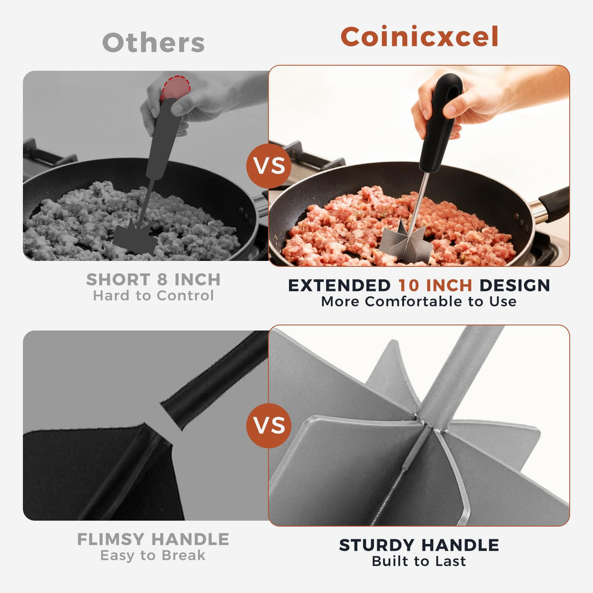 304 Stainless Steel Meat Chopper & Masher, Coinicxcel 10 Inch Heat Resistant Ground Beef Chopper Tool with 6 Curve Blades & Ergonomic Non-Slip Handle, Heavy-Duty Hamburger Smasher Tool Dishwasher Safe