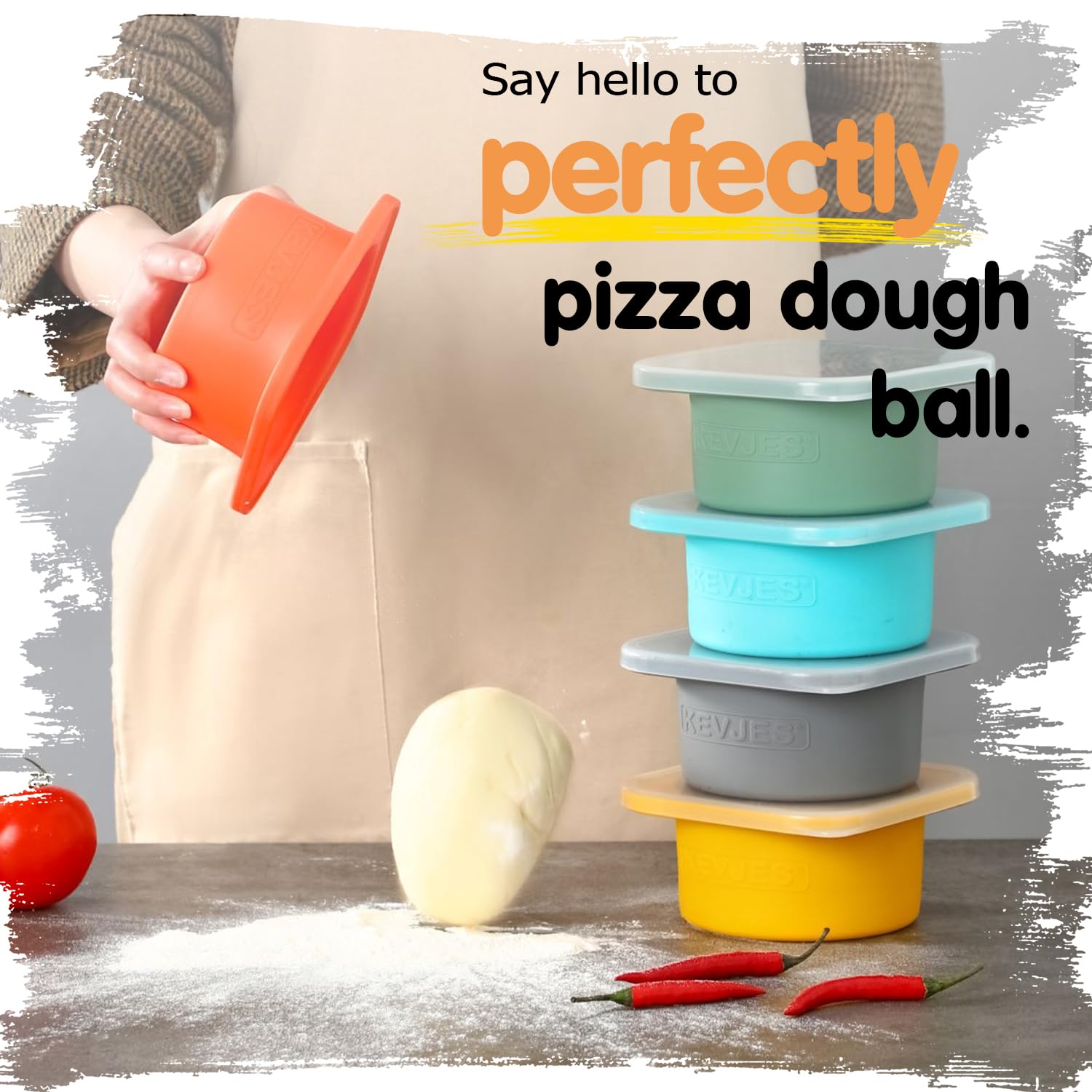 KEVJES Stackable Silicone Artisan Pizza Dough Proofing Containers with Lids (2 Yellow+2 Space Gray)