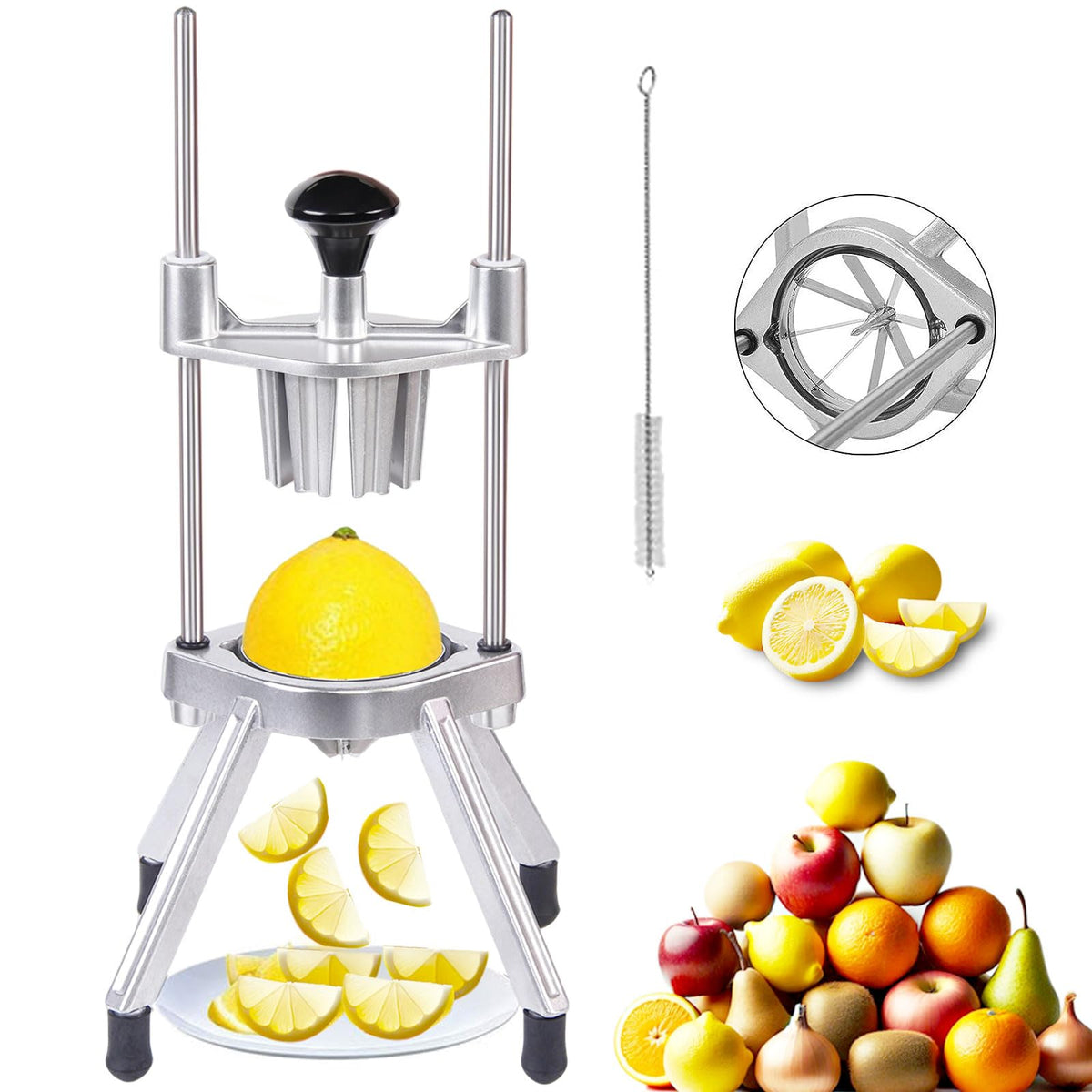 Commercial Lemon Cutter 4-Section with V-Shaped 420 Stainless Steel Blades，Easy Wedger Stainless Steel Blade Fruit Lime Slicer NSF Certified Easy-to-Use for Bar Restauran