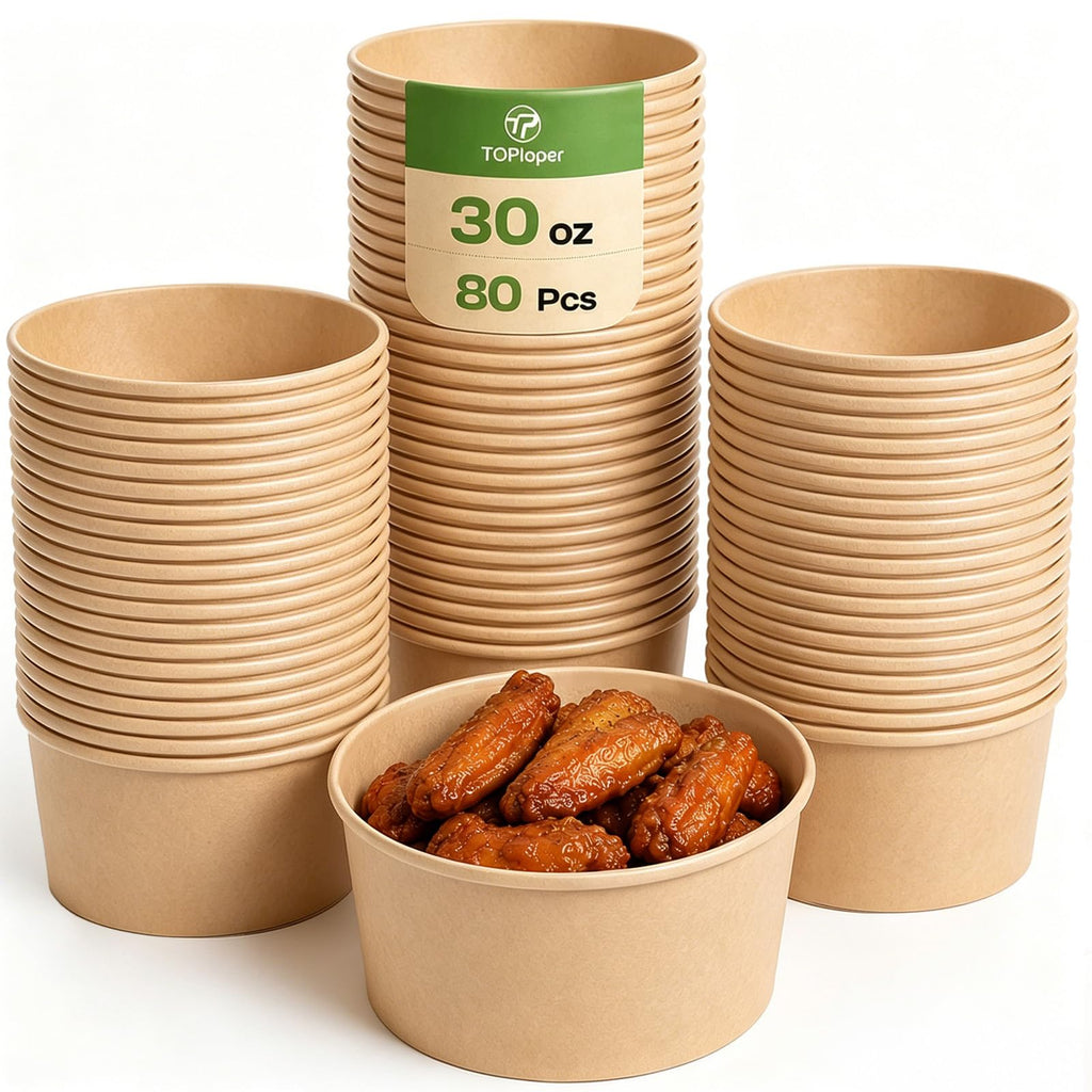 TOPtoper 50 Pcs 32 Oz Large Paper Bowls with Lids, Disposable Soup Serving Bowls Bulk Party Supplies for Hot/Cold Food, Soup (32 OZ)