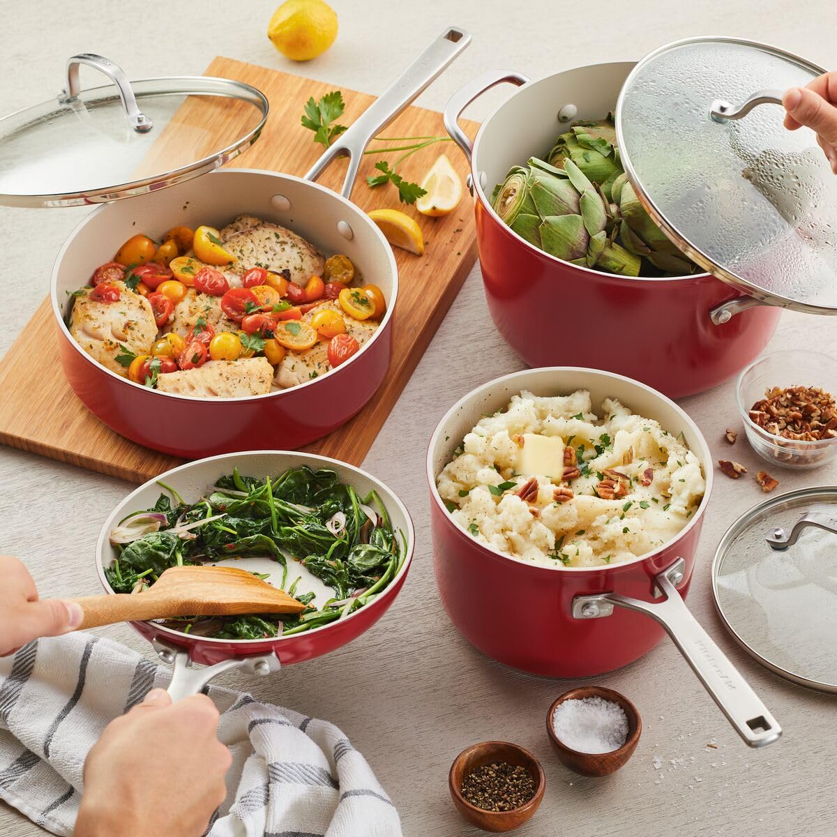 KitchenAid Hard Anodized Ceramic 9-Piece Nonstick Cookware Set – Includes Fry Pans, Saucepan, Stockpot, Durable, Even Heating, Oven Safe to 500°F, Empire Red