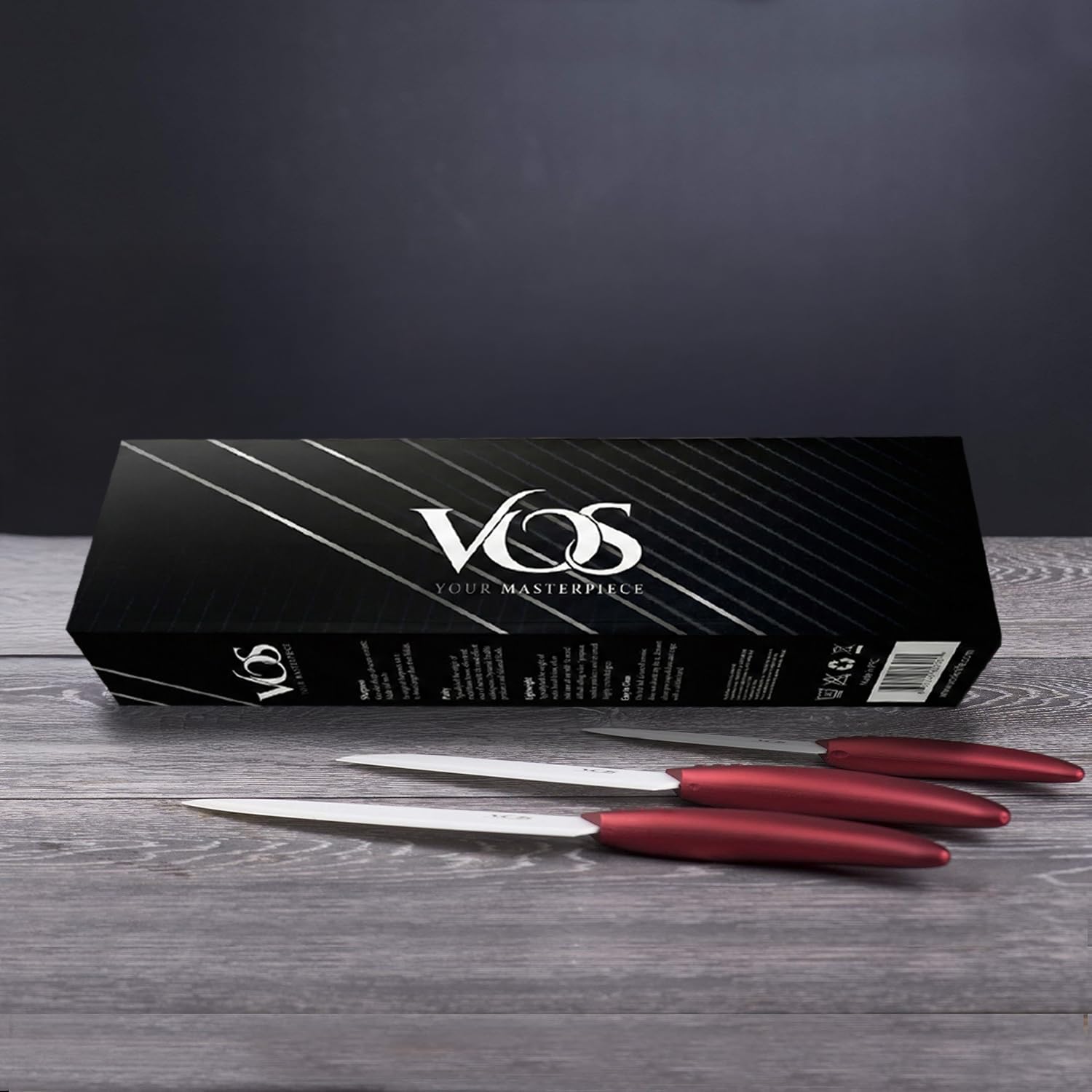Vos Ceramic Knife Set in Elegant Gift Box, Ceramic Knives Set For Kitchen, Ultra Sharp Kitchen Knife Set with Covers, 4" 5" 6" Paring, Santoku & Chef Knife, Lightweight, Dishwasher safe (Red Handle)
