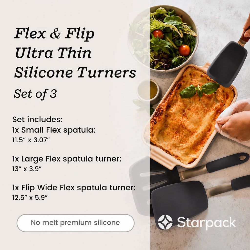 StarPack Premium Flexible Silicone Spatula Set - 3 Spatulas for Nonstick Cookware - 600°F High Heat Resistance Spatula Set - Spatulas for Kitchen Use for Fish, Eggs, Pancakes & Cookies (Gray Black)