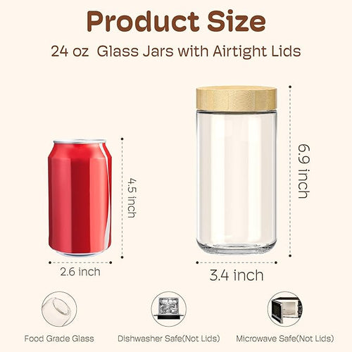 24 oz Glass Overnight Oats Containers, Mason Jars with Bamboo Lids, 6 Pack