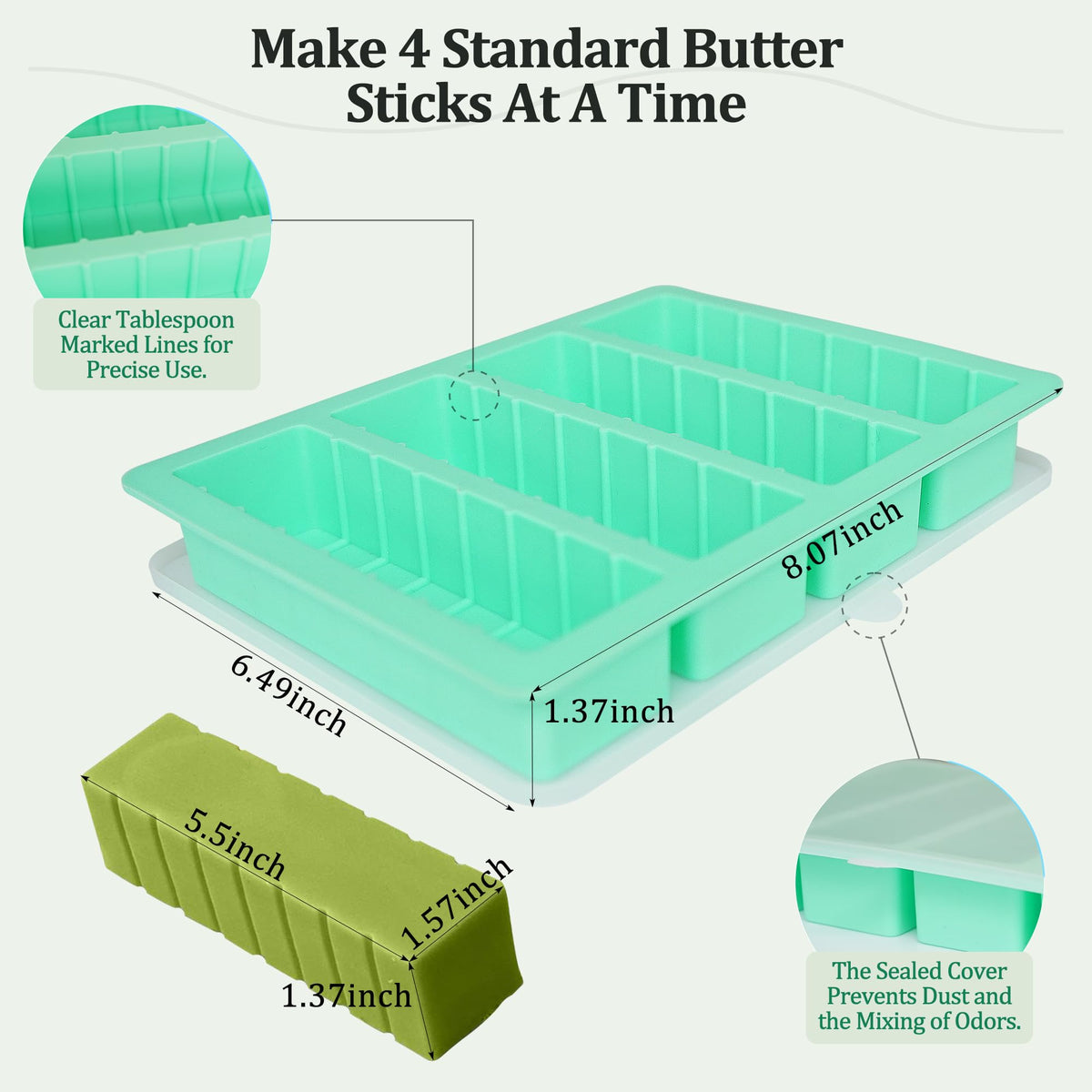 2Pack Butter Silicone Mold Tray with Lid, Non-Stick Butter Mold Tray for Homemade Butter Fits Standard Butter Stick Size, Ideal for Soap Bar, Energy Bar, Cake, Chocolate