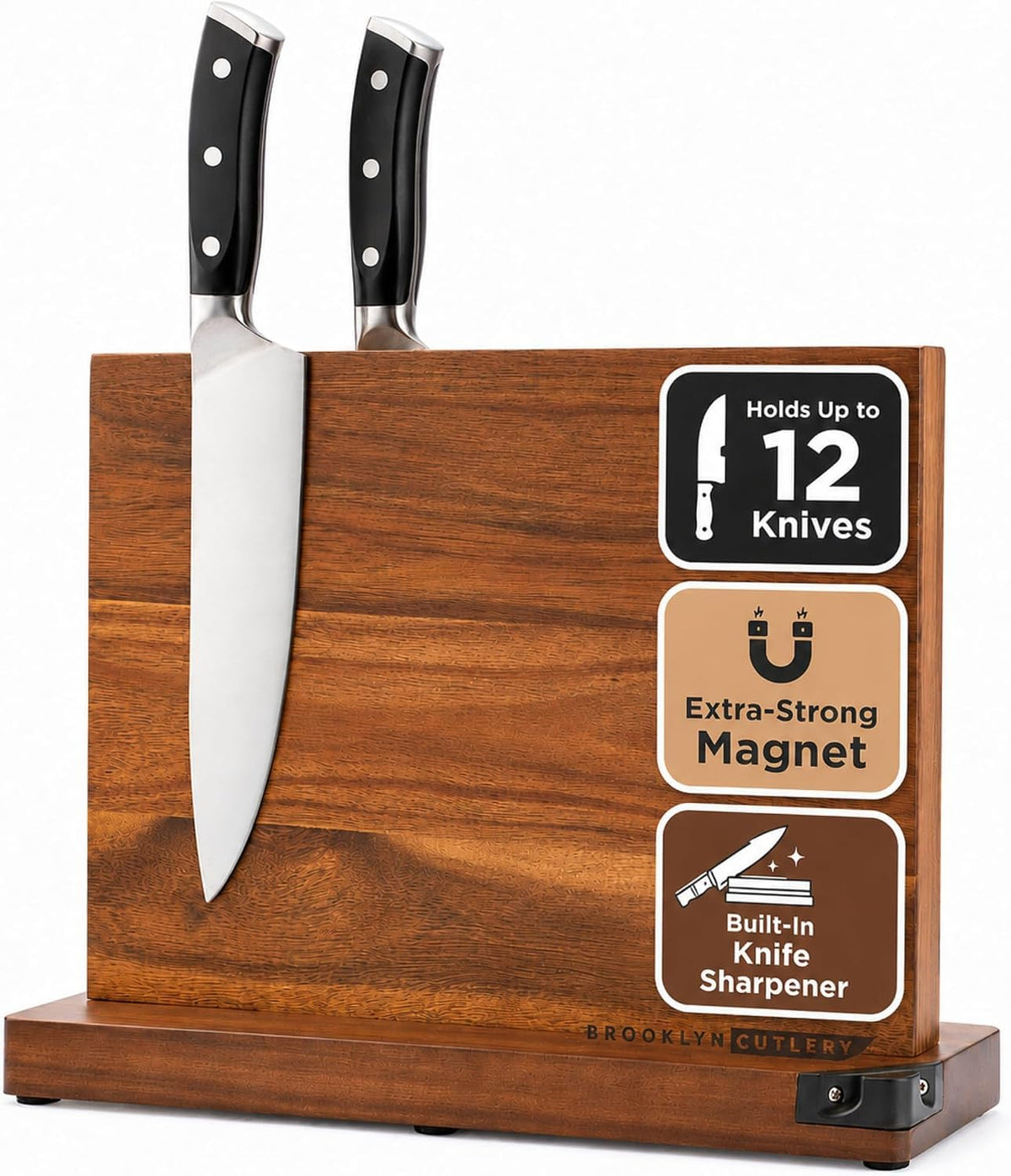 BROOKLYN CUTLERY Magnetic Knife Block, Acacia Wood Magnetic Knife Holder for Kitchen Counter Universal Knife Block Without Knives (12 x 10 With Sharpener)
