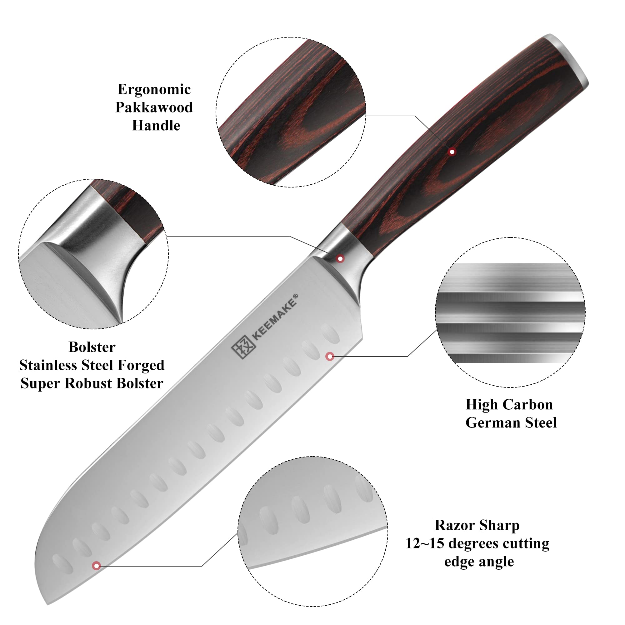 KEEMAKE Santoku Knife Set of 2pcs, Japanese Chef Knife Sets with German High Carbon Stainless Steel 1.4116 Kitchen Knives, Pakkawood Handle Knife for Kitchen