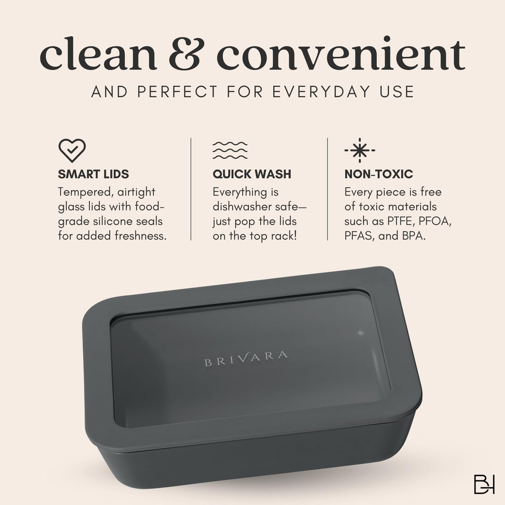 BRIVARA HOME 12-Piece Glass Meal Prep Containers Set with Lids (6 Containers + 6 Lids) | Microwave-Safe Airtight Seal, Oven-Safe Ceramic-Coated Glass | Zero Plastic, No PFAS/PFOA/BPA [Onyx]
