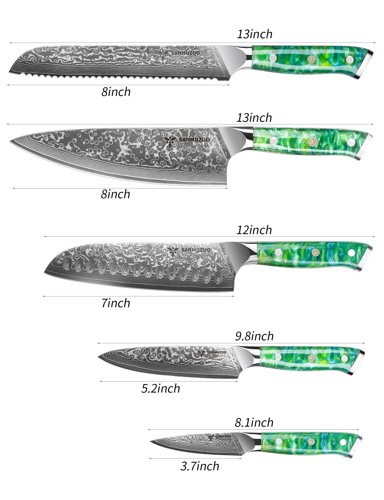 SANMUZUO Chef Cooking Knives Set- Kitchen Knife Set of 5 Piece - Ultra-Sharp VG10 Damascus Steel & Resin Handle - Xuan Series (Jade Green)