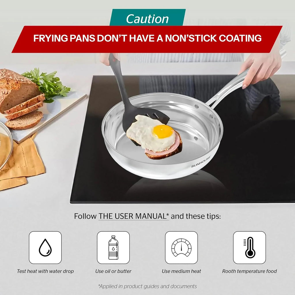 Sunhouse 10 Inch Tri-Ply Stainless Steel Frying Pan, Nonstick Cooking Pans