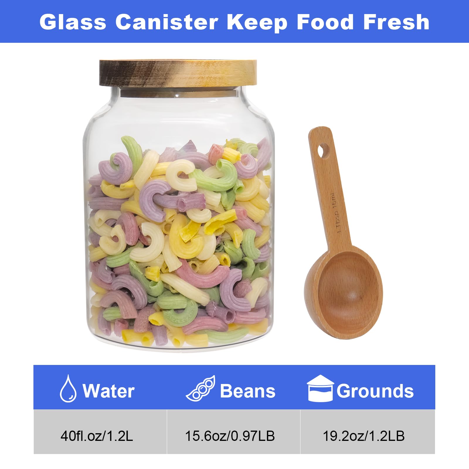 OULOVECO Glass Storage Jar with Lids Thicken Glass Coffee Canister Borosilicate Glass Food Containers for Spice Ground Nut Pasta Sugar Candy Tea (1200ml/40oz-1pack-with spoon)