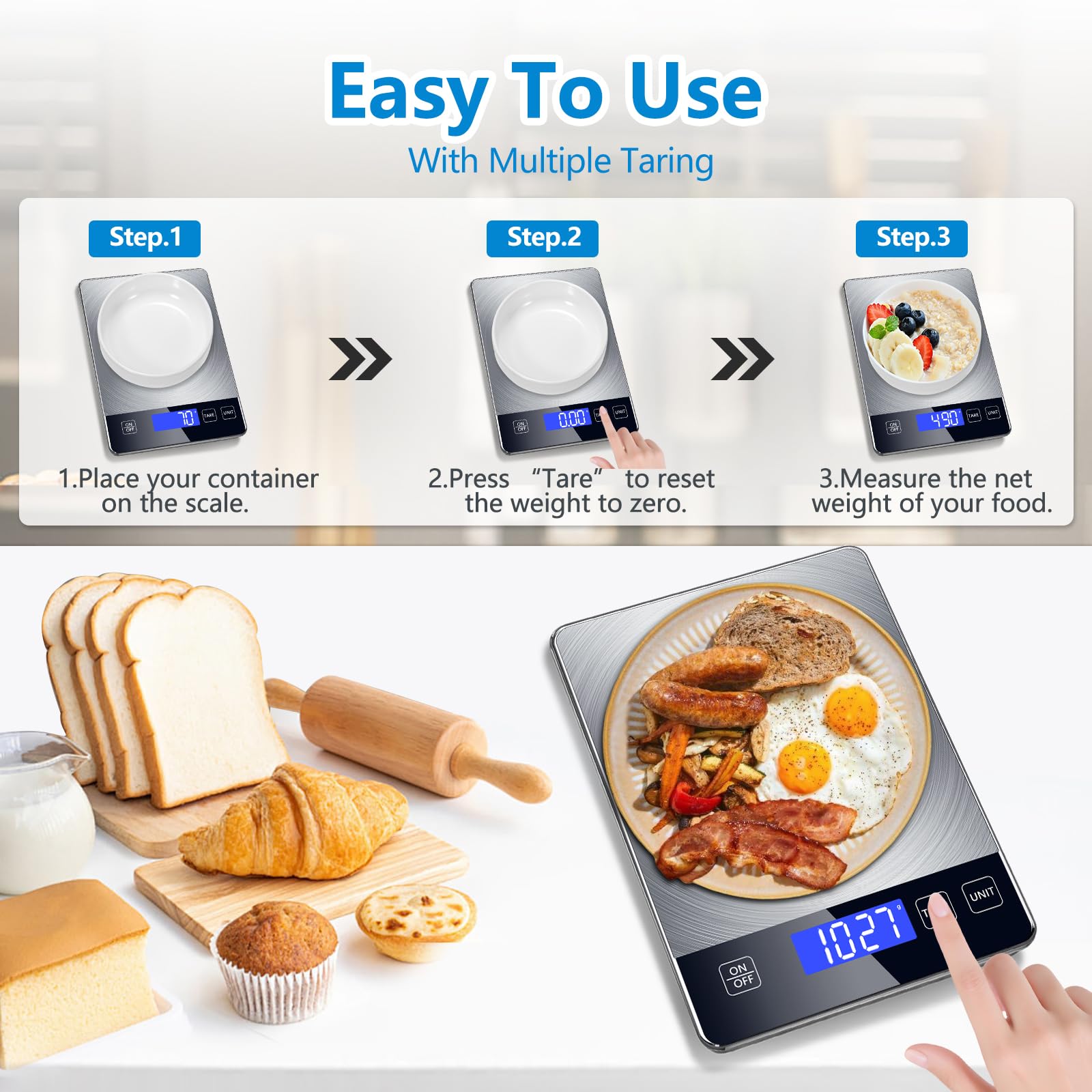 Food Kitchen Scale, Digital Food Scale 33lb Digital Kitchen Scale Precisely Measures Grams and Ounces for Meal Prep Baking and Cooking, Rechargeable 304 Stainless Steel Kitchen Scale LCD Display