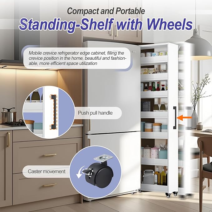 7-Tier Slim Storage Cart, Wooden Rolling Pantry Cabinet with Wheels, Narrow Shelf Organizer for Kitchen, Bakers Rack, Dining Room, Closet, Small Spaces Teak 73.2''H*5.9''W*23.6''D