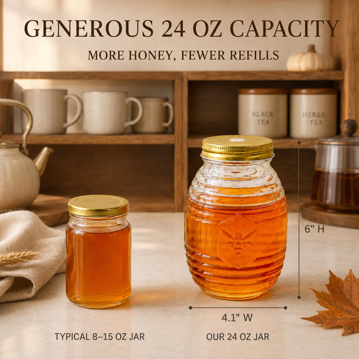 Kate Aspen 24oz. Bee Hive Shaped Honey Glass Mason Jar with Two Wooden Honey Dippers, Bamboo & Metal Lid, Kitchen Decor, Bumblebee Baby Shower Prize, Take Home Gift, Bee Decorations