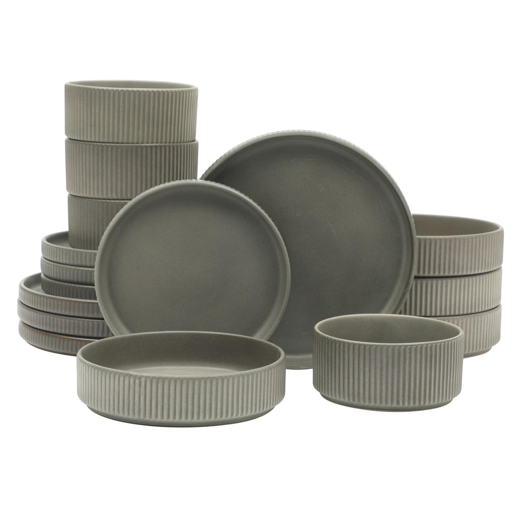 Gibson Elite Gelston Stoneware Matte Reactive Glaze 16 Piece (Service for 4) Plates and Bowl Dinnerware Set - Grey