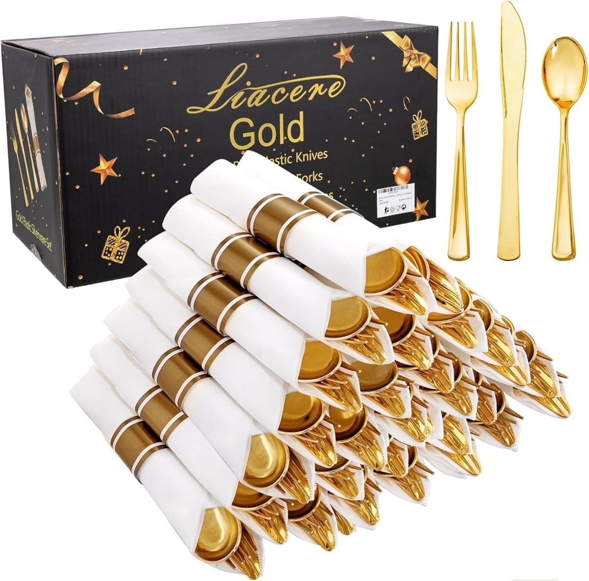 Liacere 400PCS Silver Plastic Silverware - Pre Rolled Napkins Disposable Silver Cutlery-Premium Quality Gold Plastic Utensils - Includes 100Forks,100Knives,100Spoons,100Napkins For Wedding & Party