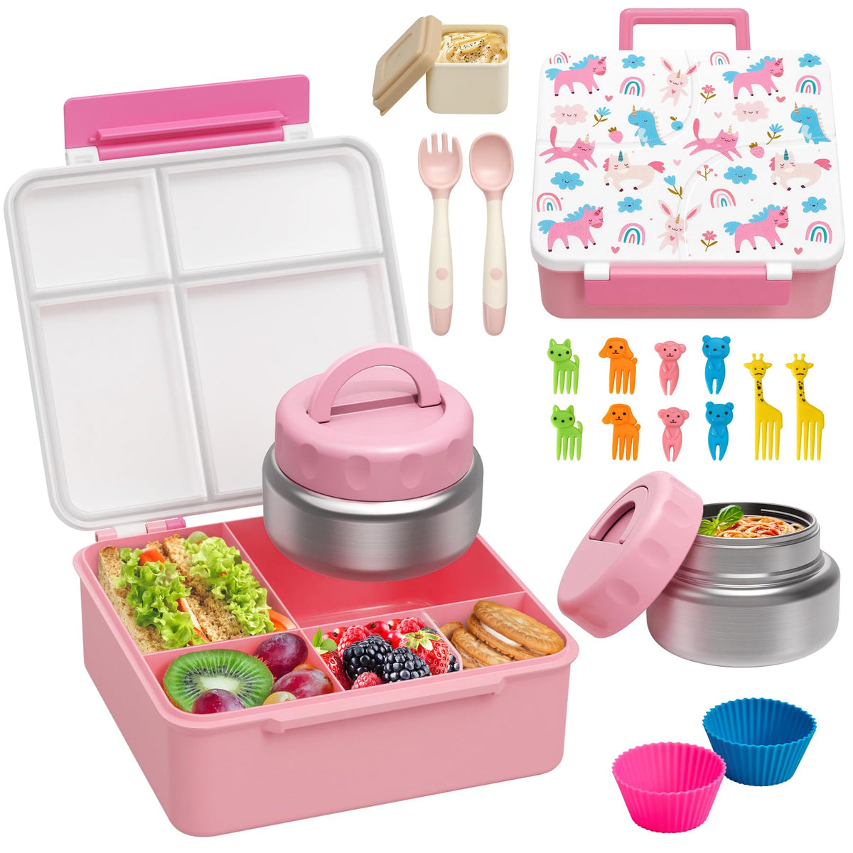 Bento Lunch Box with 9.5 oz Soup Thermo, Kids Leakproof 4 Compartments Bento Box with Silicone Cupcake,Fruit Fork,Spoon and Sauce Cup,Insulated Food Jar for School Travel-Blue