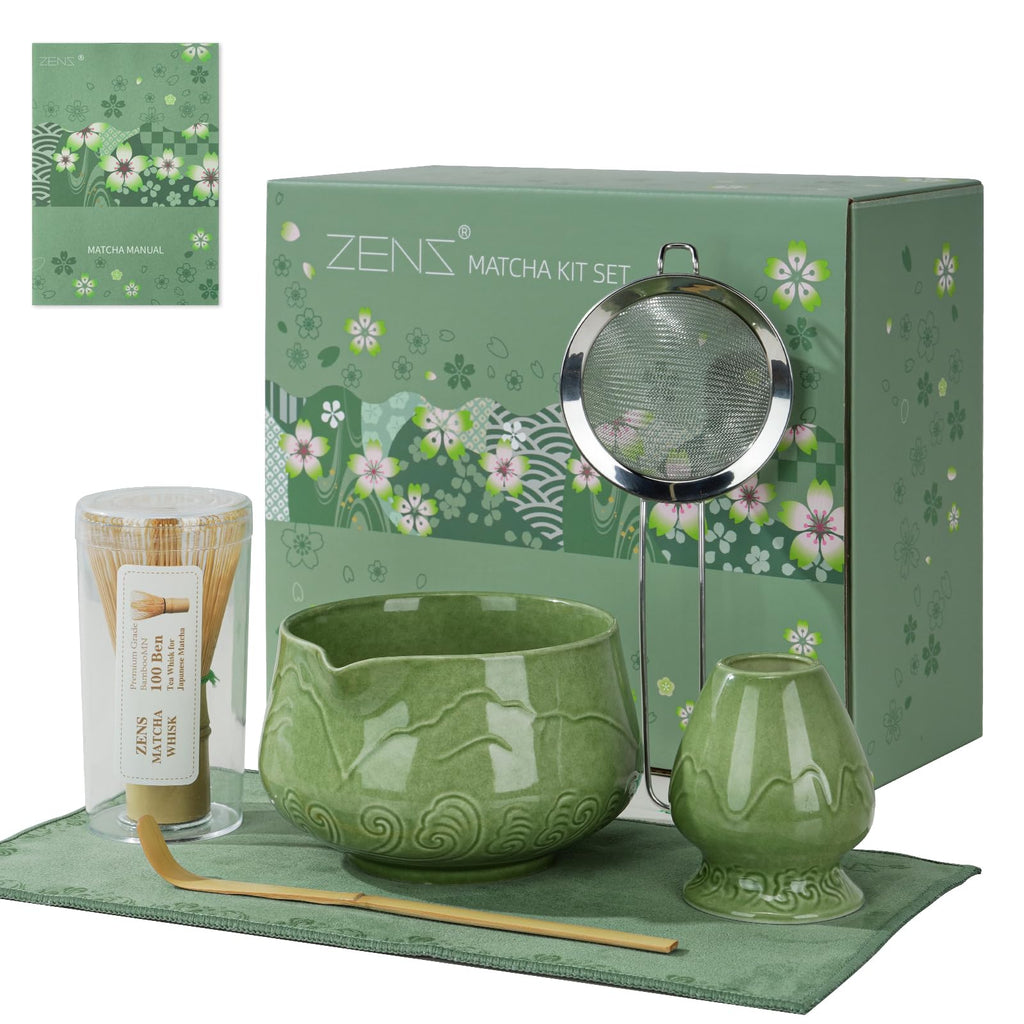 ZENS Matcha Whisk Set, 6Pcs Matcha Kit Set Includes Ceramic Bowl, Bamboo Whisk and Chasen Holder,Scoop, 304 Stainless Sifter & Tea Mat, Matcha Set for Tea Ceremony, Blue
