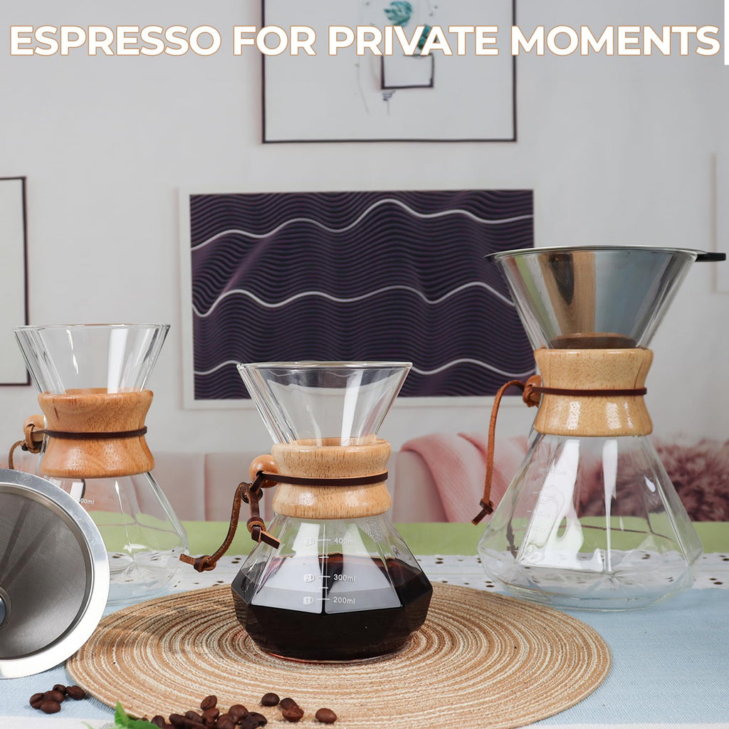 Mogrecha Pour Over Coffee Maker 800ml with 304 Stainless Steel Filter Wooden Collar Holder Borosilicate Glass Drip Coffeemaker Server Set Clear Hand Brew Dripper Carafe for Home Camping Travel 27oz