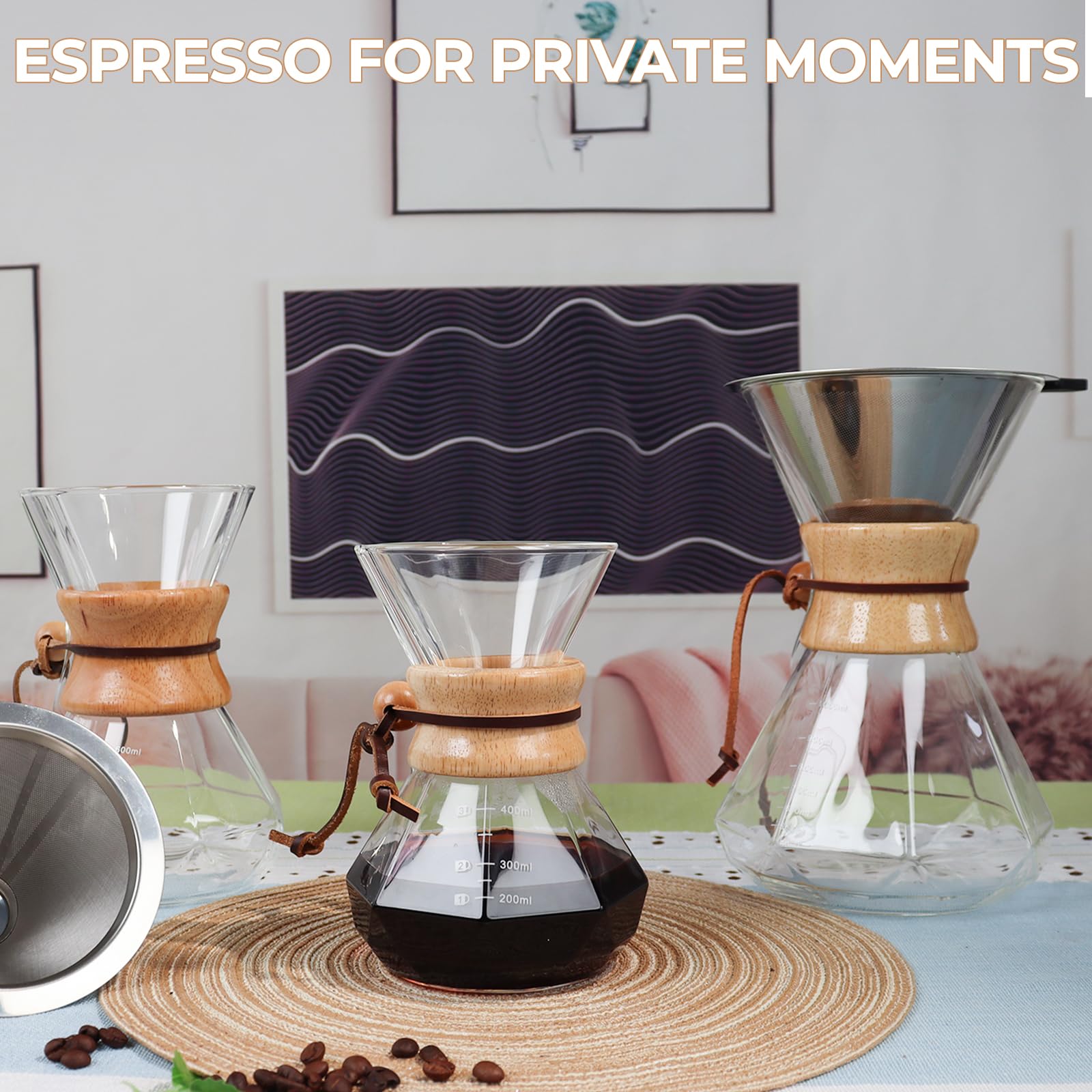 Mogrecha Pour Over Coffee Maker 800ml with 304 Stainless Steel Filter Wooden Collar Holder Borosilicate Glass Drip Coffeemaker Server Set Clear Hand Brew Dripper Carafe for Home Camping Travel 27oz