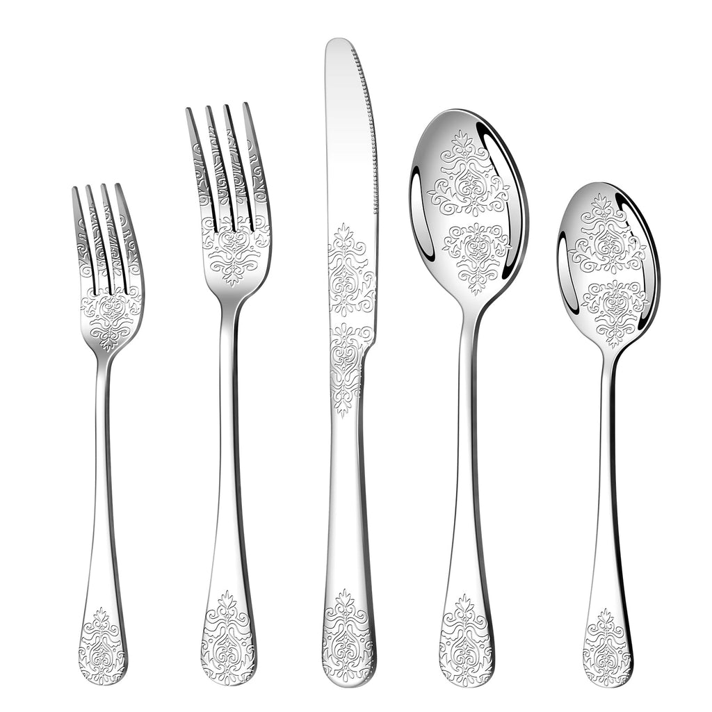 40 Pcs Silver Silverware Set for 8, Food Grade Stainless Steel Flatware Set, Eating Utensils Sets Include Fork/Knife/Spoon, Reusable Cutlery Set for Home Kitchen, Dishwasher Safe, Round Hammered