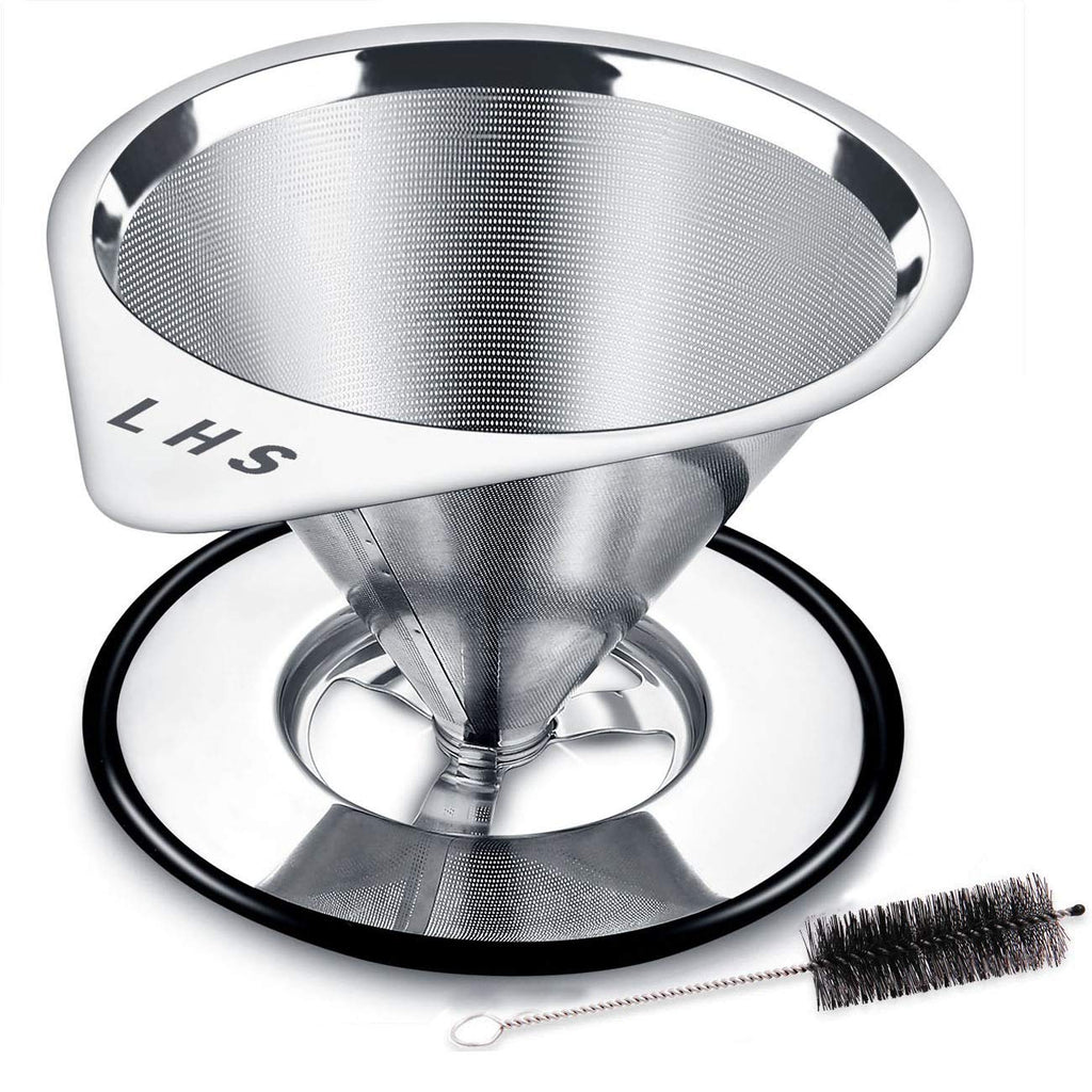 LHS Pour Over Coffee Dripper Stainless Steel Coffee Filter Metal Cone Filter Paperless Reusable Coffee Filter Single Cup Coffee Maker 1-4 Cup With Non-slip Cup Stand and Cleaning Brush