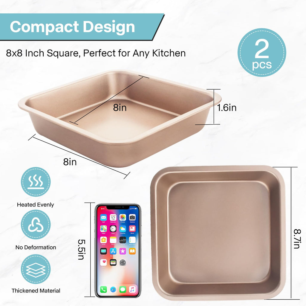 Spmarkt 2-Pack 8 Inch Square Baking Pan, Carbon Steel Nonstick Brownie Pan 8x8, BPA Free Stackable Square Cake Pan, Oven & Air Fryer Safe, Easy to Clean — Gold