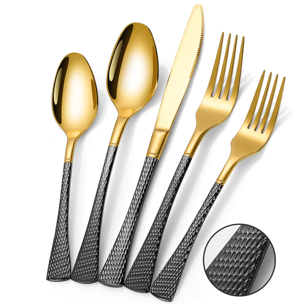 Lemeya Hammered Black Gold Silverware Set for 8,Stainless Steel 40-Piece Modern Cutlery Set,Mirror Polished Heavy Duty Flatware Set Utensil Set,Knives Spoons and Forks Set,Dishwasher Safe