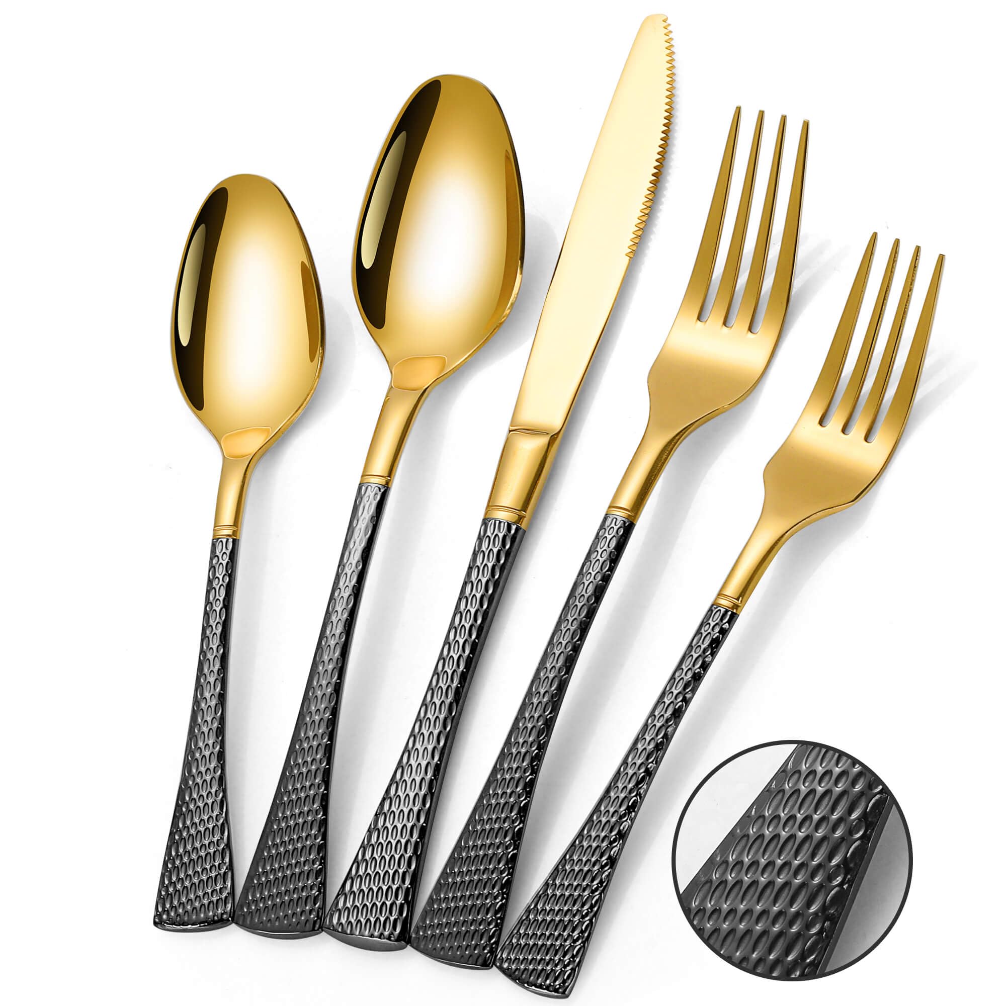 Lemeya Hammered Black Gold Silverware Set for 8,Stainless Steel 40-Piece Modern Cutlery Set,Mirror Polished Heavy Duty Flatware Set Utensil Set,Knives Spoons and Forks Set,Dishwasher Safe