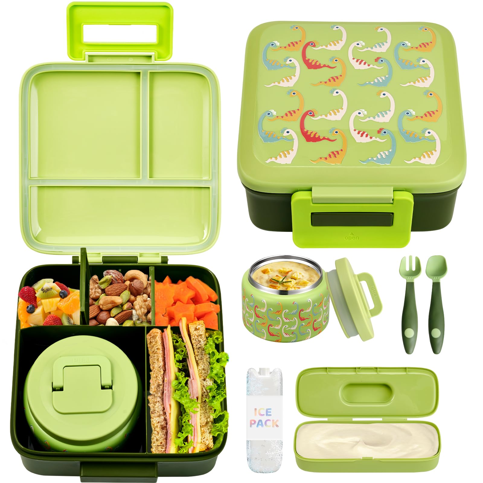 JXXM Bento Lunch Box for Kids with 8oz Soup Thermo,Leak-Proof Lunch Containers with 5 Compartment,Thermo Food Jar Food Containers for School (Green-Colorful Dinosaur)