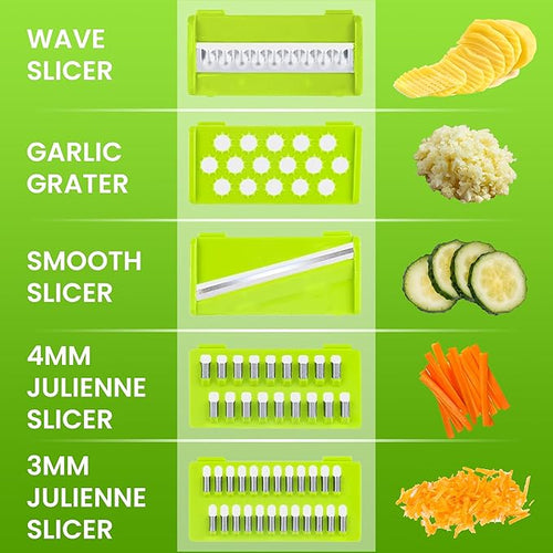 15-in-1 Vegetable Chopper & Mandoline Slicer by Global Digitronix – BPA-Free Veggie Cutter with Stainless Steel Blades, Onion Chopper & Food Dicer, Fruit & Vegetable Slicer – Black & Green