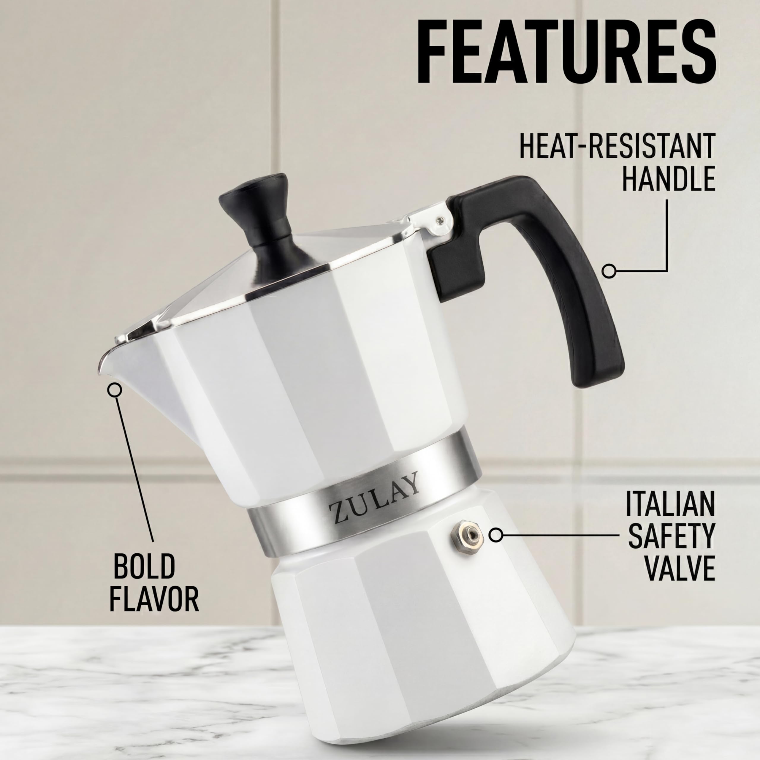 Zulay Moka Pot Espresso Stovetop Coffee Maker - Leak-Proof, Stainless Steel, Easy to Clean, Heat Resistant Handle & Knob - for Authentic Cuban & Italian Style Espresso - Makes 3 Espresso Cups - White