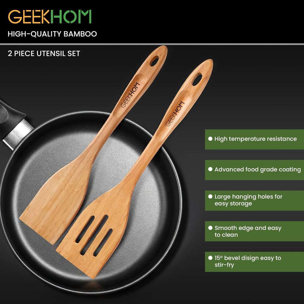 GEEKHOM Slotted Wooden Spurtle Bamboo Turners: 13 Inch Long Handle for Sourdough Starter, Mixing Reaching Jar Bottom, Nonstick Cookware 2 Pack