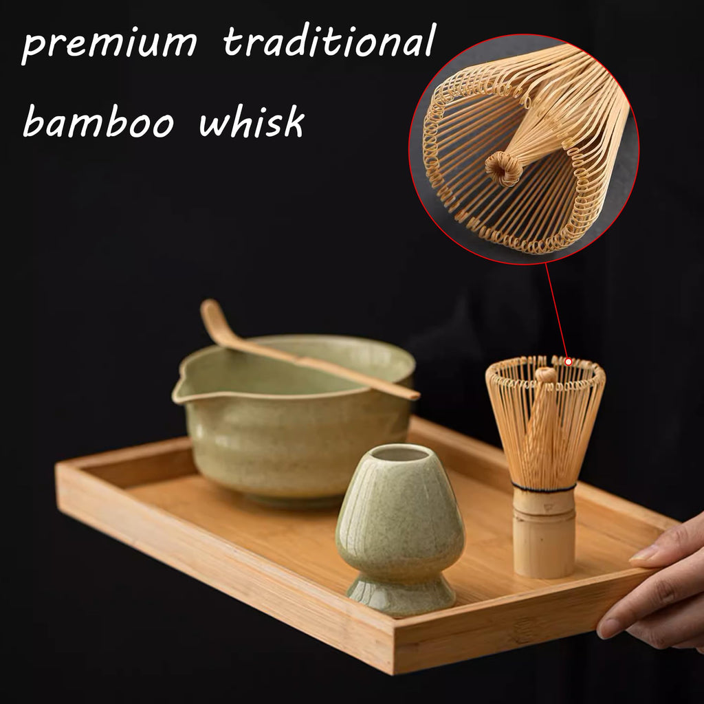 Matcha Whisk Set, Matcha Bowl with Spout, Matcha Whisk and Holder, Bamboo Matcha Scoop and Stainless Steel Sifter - 5 Pcs Mottled Green Kit Gift for Birthday Christmas