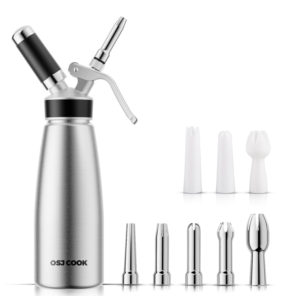 OSJCOOK Whipped Cream Dispenser Stainless Steel Cream Whipper Mirror Finish,500 mL/1 Pint Professional Cream Maker,5 Various Stainless Decorating Nozzles,1 Cleaning Brush,N2O Chargers NOT included