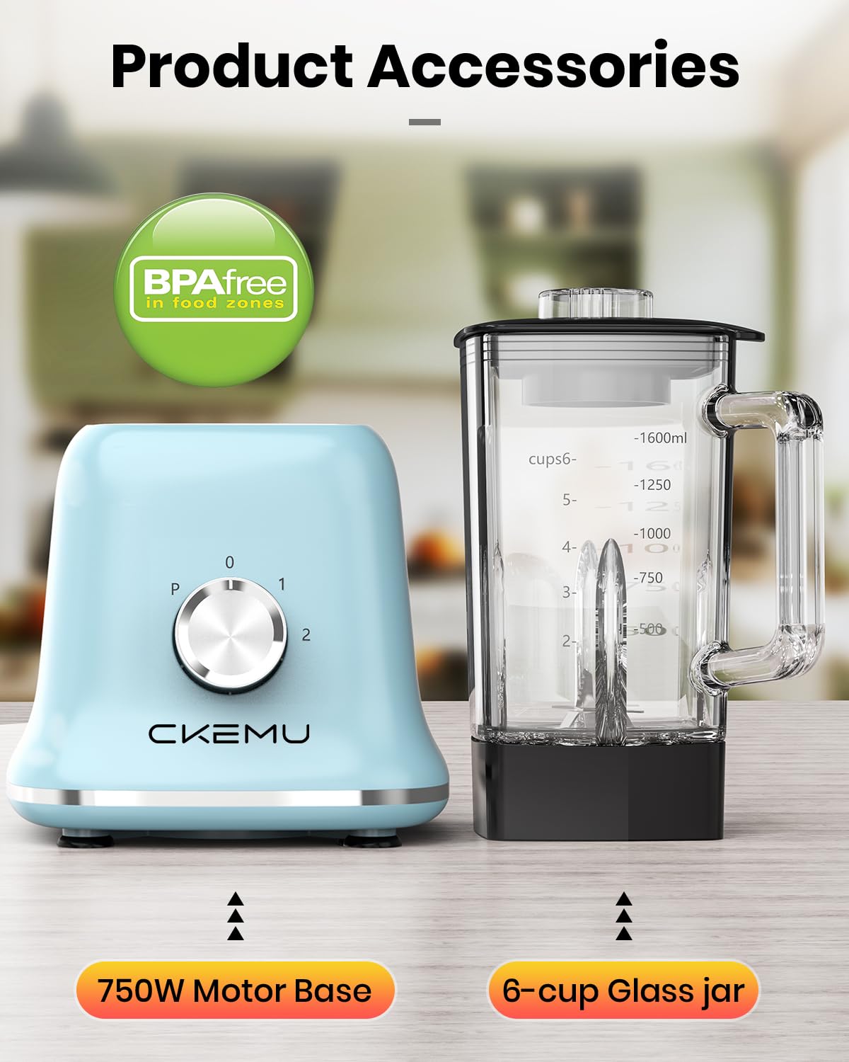 CKEMU Professional Blender For Smoothies, 58 Oz Glass Jar, Glass Blender Including Puree & Crush Ice Functions, 750 Watts, B02 (Blue)