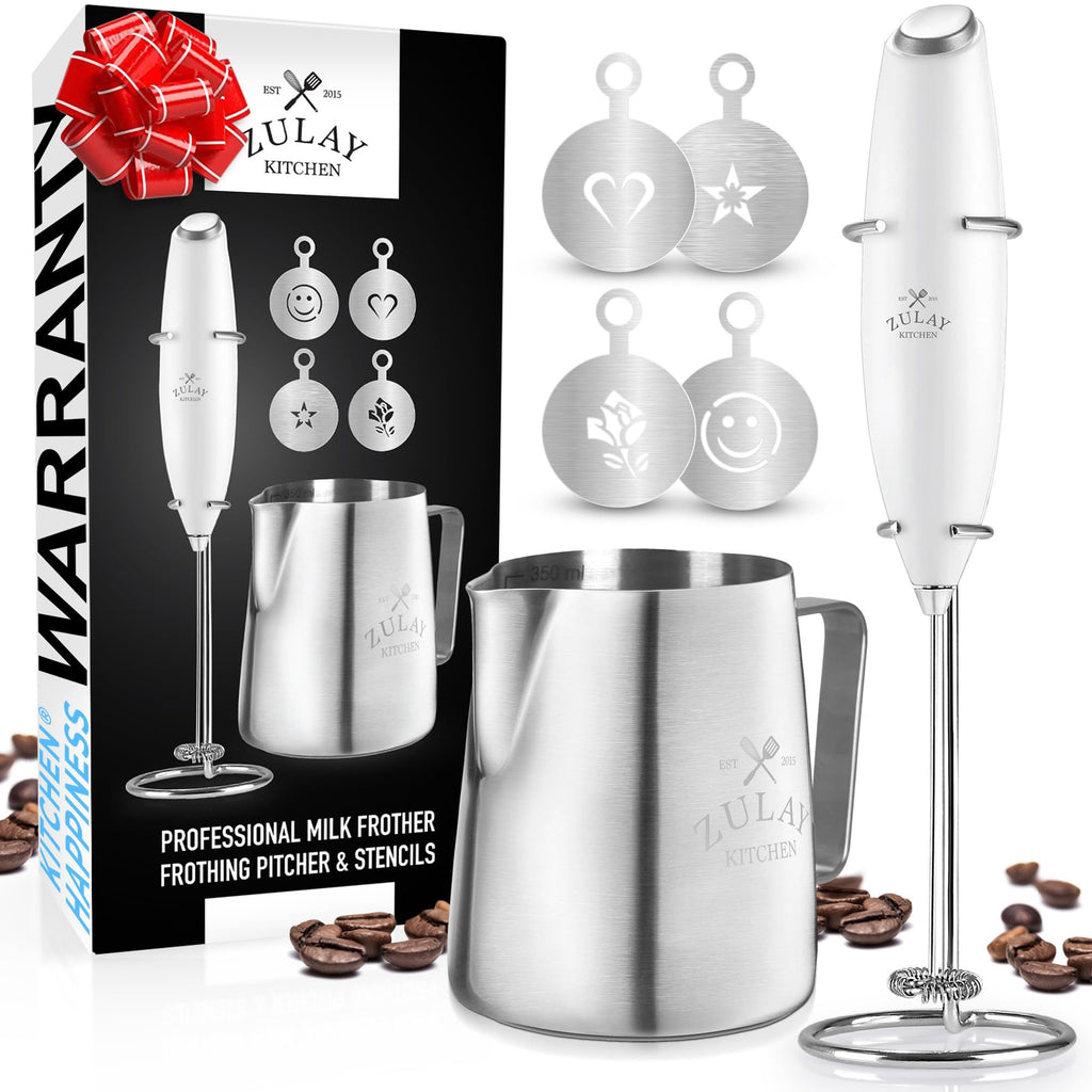 Zulay Premium Gift Milk Frother Set – Handheld Coffee Frother with Stand, 12oz/350ml Frothing Pitcher + 4 Latte Art Stencils – 13,000 RPM Motor, SS Whisk, Battery Operated – Barista Kit (White)