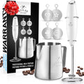 Zulay Premium Gift Milk Frother Set – Handheld Coffee Frother with Stand, 12oz/350ml Frothing Pitcher + 4 Latte Art Stencils – 13,000 RPM Motor, SS Whisk, Battery Operated – Barista Kit (White)