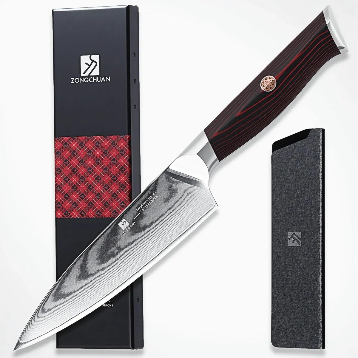 zongchuan 8-Inch Damascus Chef Knife, 67-Layer High Carbon Stainless Steel Kitchen Knife with Ergonomic Blue Black G10 Handle, Protective Sheath & Gift Box for Home and Professional Cooking