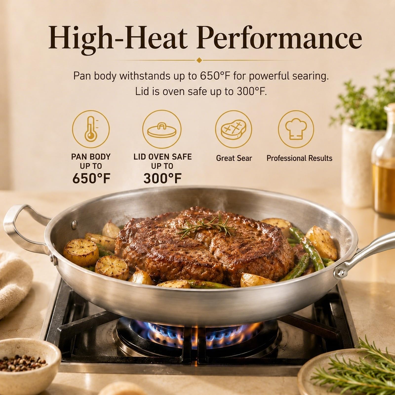 DELARLO 14" Stainless Steel Pan, 18/10 Frying Pan, Oven Safe Up to 600°F, Nontoxic Cookware, Compatible with All Cooktops Skillet, Durable, Fast Even Heat Fry Pan, Large 14.2 Inch Frying Pan