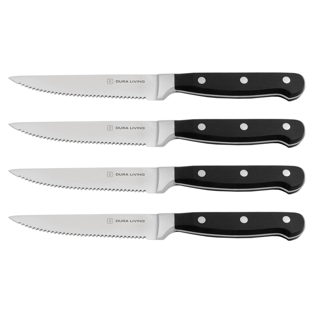 DURA LIVING Premium 4-Piece Steak Knife Set – Sharp Serrated Blades, Forged High Carbon Stainless Steel, Full Tang, Ergonomic Handle, Black – Perfect for Dining