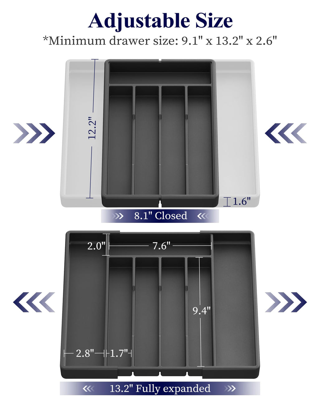 Kitsure Silverware Organizer for Drawers - Expandable Cutlery and Utensil Drawer Organizer with Easy Maintenance, Premium PP Kitchen Organizers and Storage for Flatware, White, 13.2" x 12.2" x 1.6"