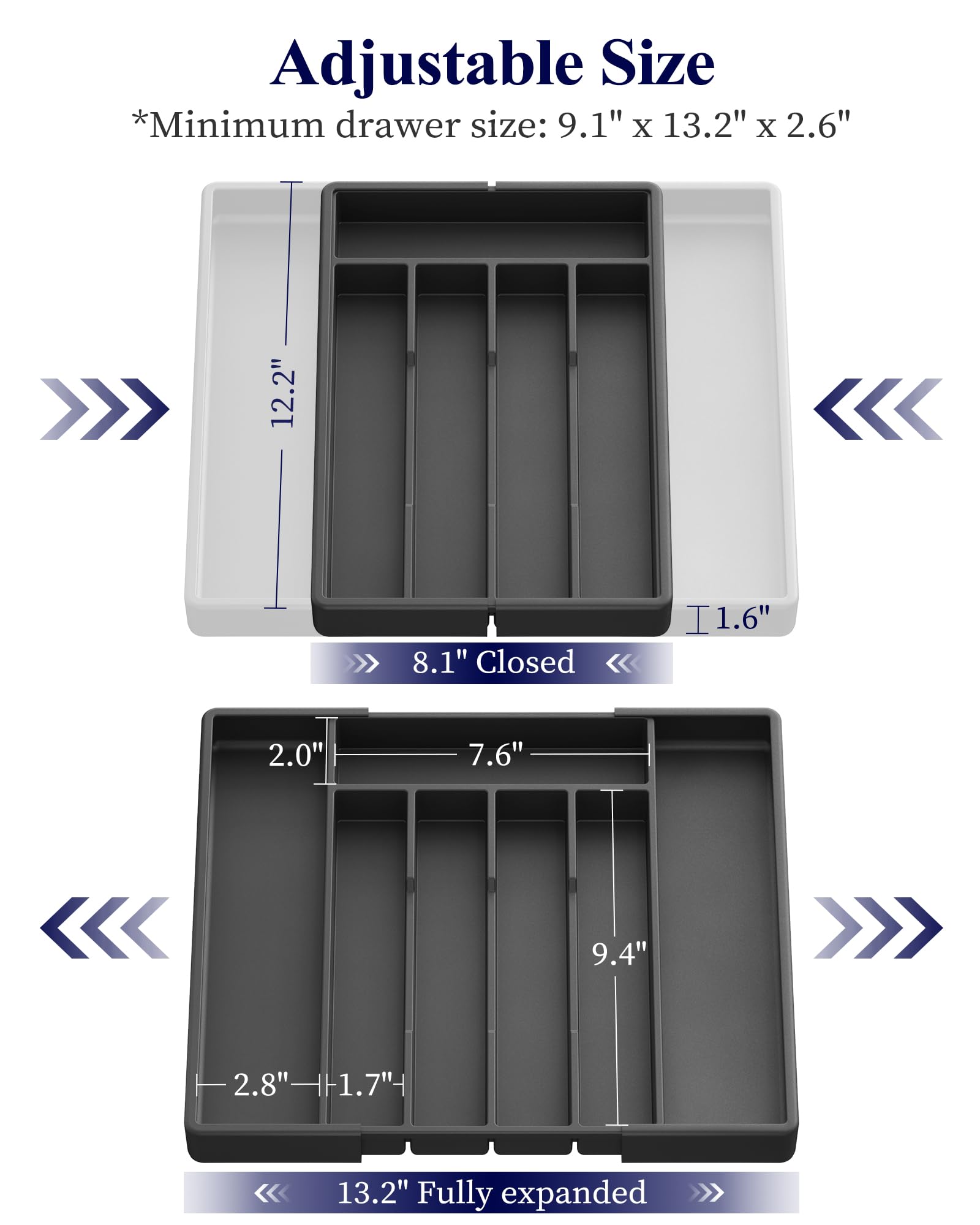 Kitsure Silverware Organizer for Drawers - Expandable Cutlery and Utensil Drawer Organizer with Easy Maintenance, Premium PP Kitchen Organizers and Storage for Flatware, White, 13.2" x 12.2" x 1.6"