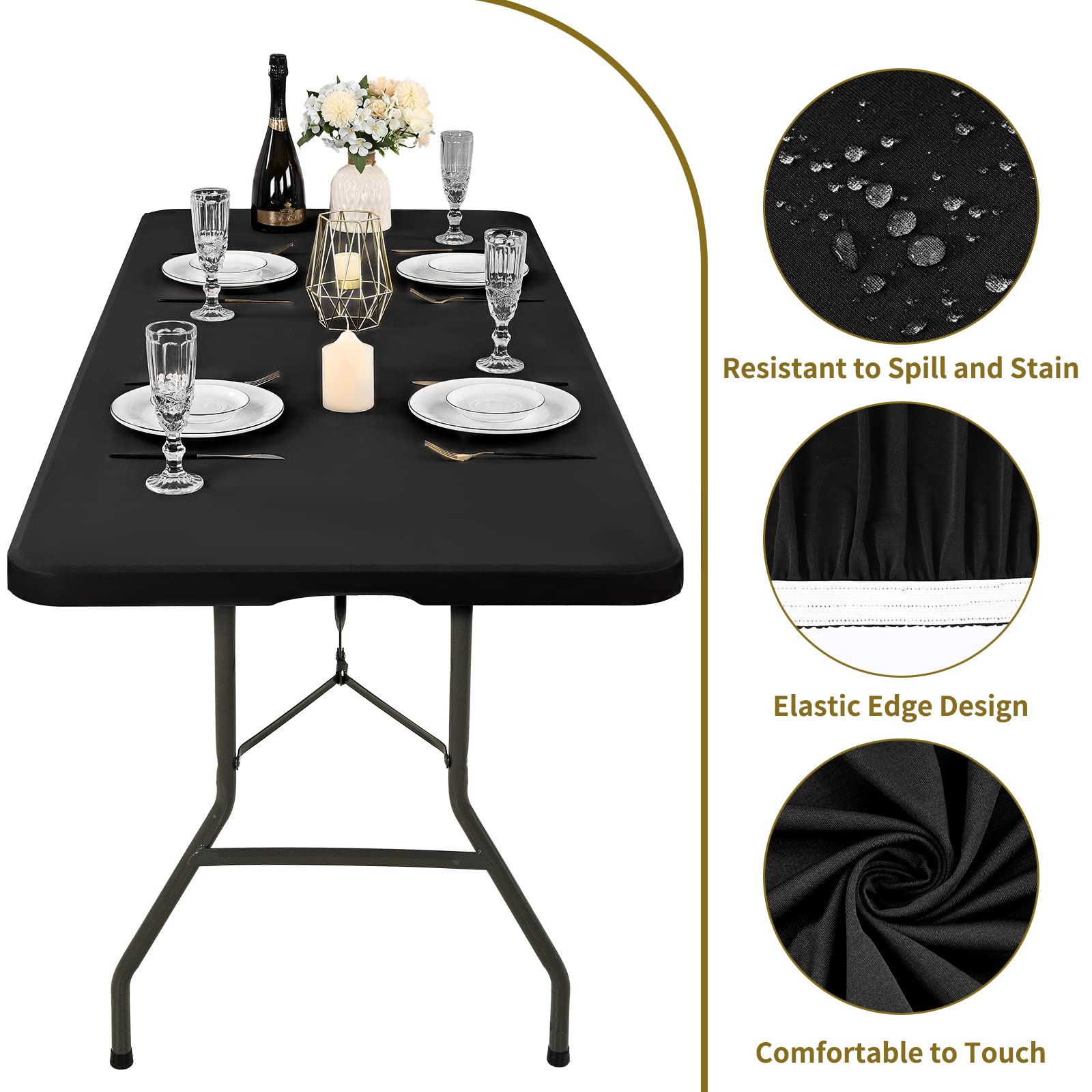 6 Pack Stretch Fabric Table Top Cap Cover, fits 8' Tables, Spandex Table Covers Washable Elastic Universal Rectangle Tablecloth Protector for Indoor Outdoor Party Picnic Wedding, Black, 30" W x 96" L