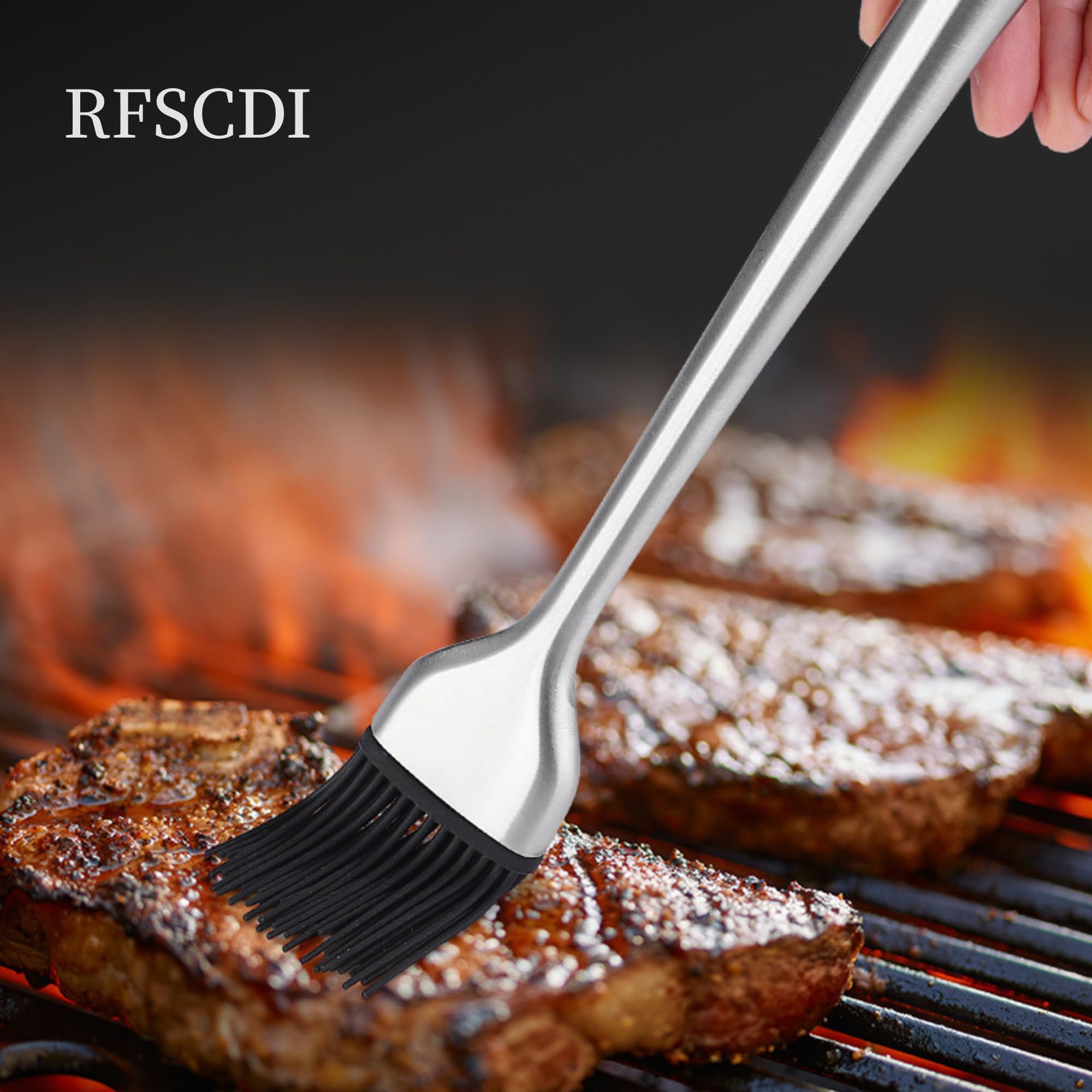 RFSCDI Heat-Resistant Kitchen Tongs and Basting Brush Set - 600℉ Stainless Steel Cooking Tongs with Metal Locking Mechanism - Ideal for Cooking, Grilling Steak, Baking Bread, and BBQ,(Silver 2Pcs)