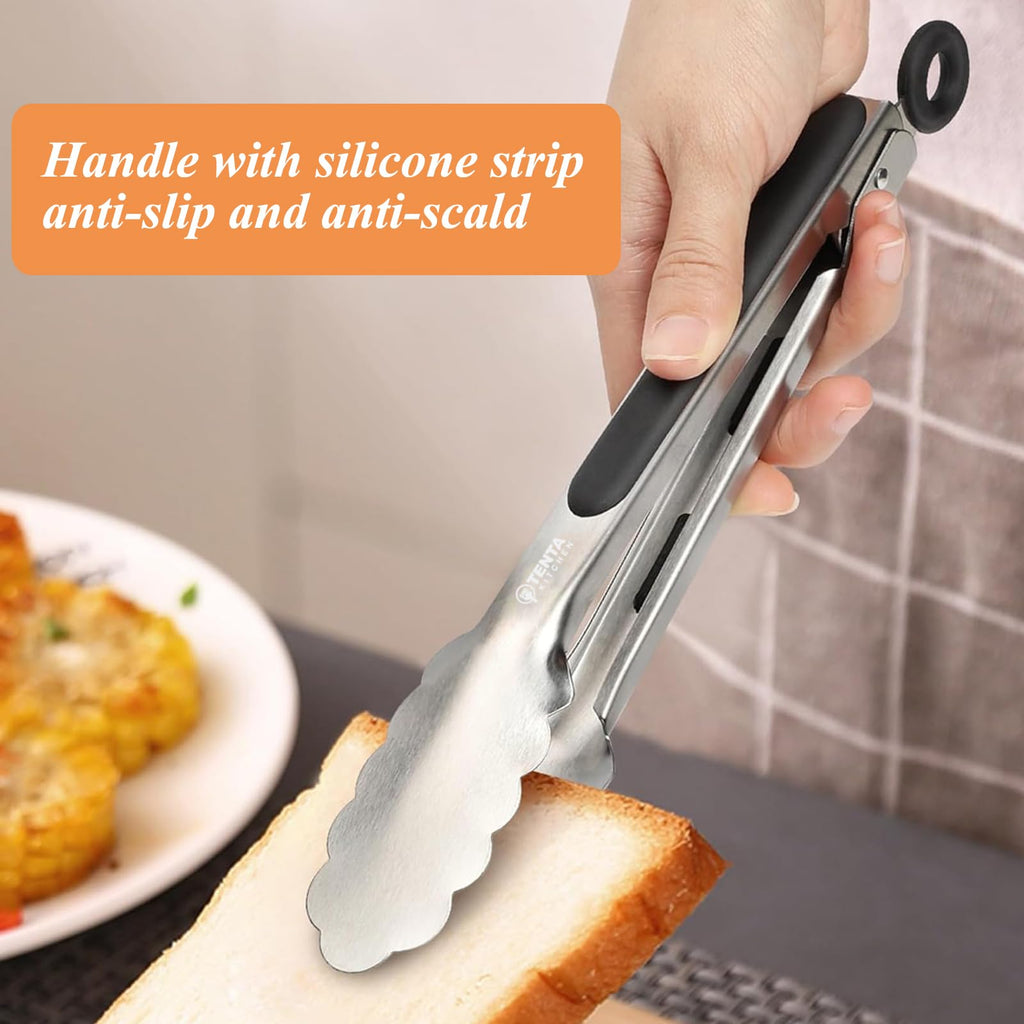 Tongs for Cooking, 9-Inch Stainless Steel Kitchen Tongs, Locking Metal Food Tongs with Silicone Non-Slip Grip, Kitchen Utensils for Food, Salad and Outdoor BBQ (Set of 4)