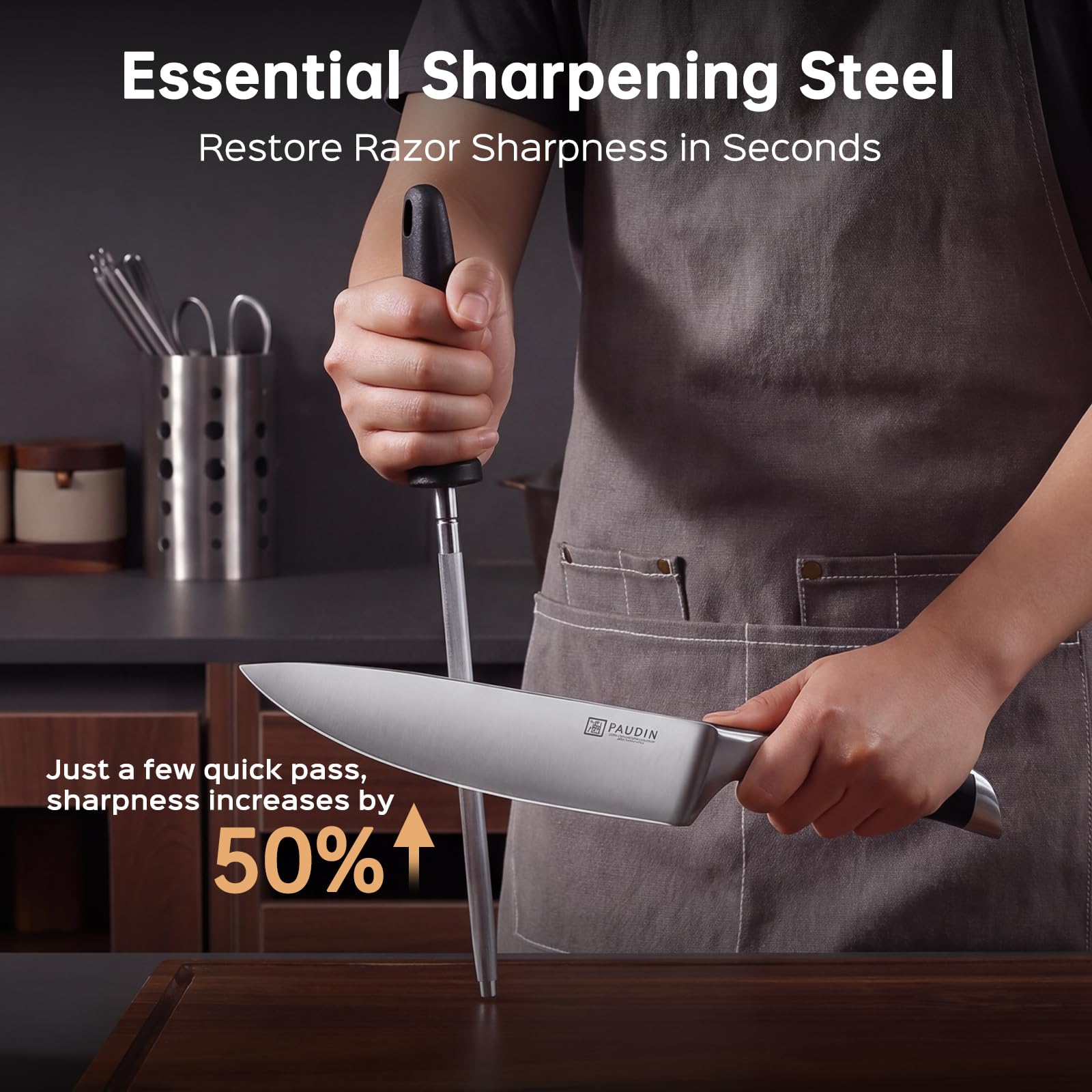 PAUDIN Knife Block Set, 15 Pieces Knife Set with Block, High Carbon Stainless Steel Kitchen Knife Set with Sharpener, Knives Set for Kitchen with Full Tang Triple Rivet Handle