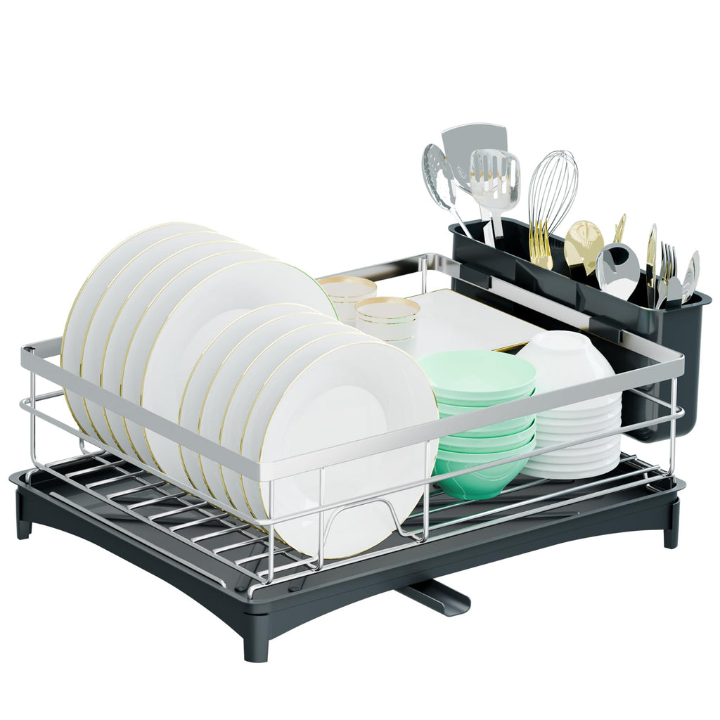 TITIMIO Dish Drying Rack - Space-Saving Dish Rack for Kitchen Counter with Removeable Cutlery Holder,Rustproof & Sturdy Auto-Drain Organizer for Plates,Cups,Knife,Silvery