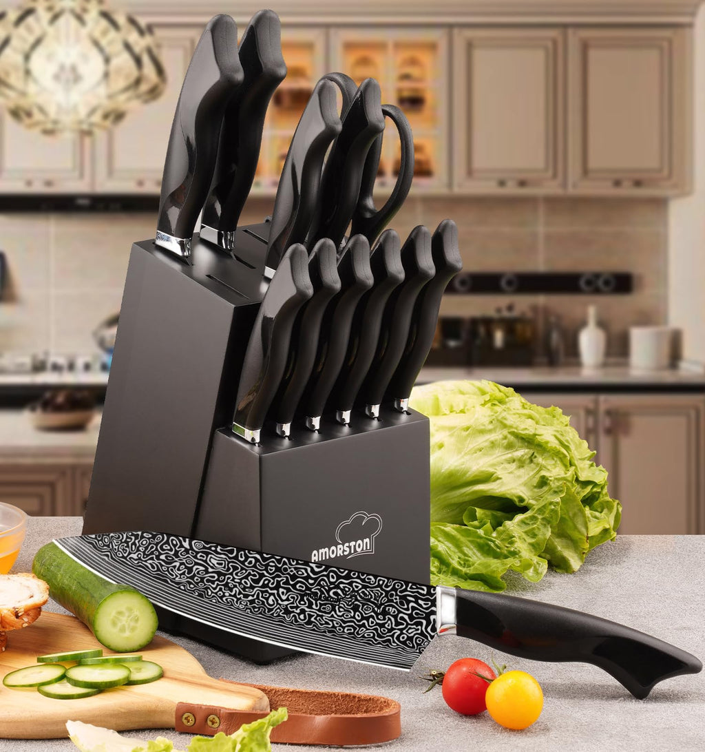 Knife Set, 15 Pieces Kitchen Knife Set with Built in Sharpener, High Carbon German Stainless Steel Knife Block Set, Dishwasher Safe, Fathers Day Gift for Men