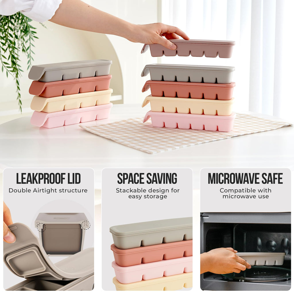 Firgi 1.7 oz/4 Sections Silicone Ice Cube Freezer Tray with Lid, 100% Food-Grade Platinum Silicone,Leak Resistance & Dishwasher Safe for Baby Food Prep,Breast Milk,Purees - Korean Made, Pastel Pink